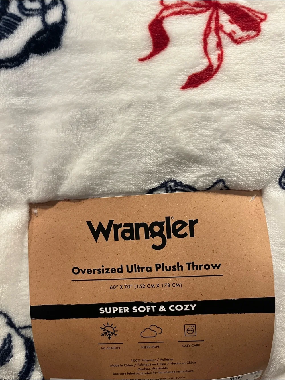 Wrangler Patriotic Plush Throw Blanket White Navy Red Cowboy Hat Boots